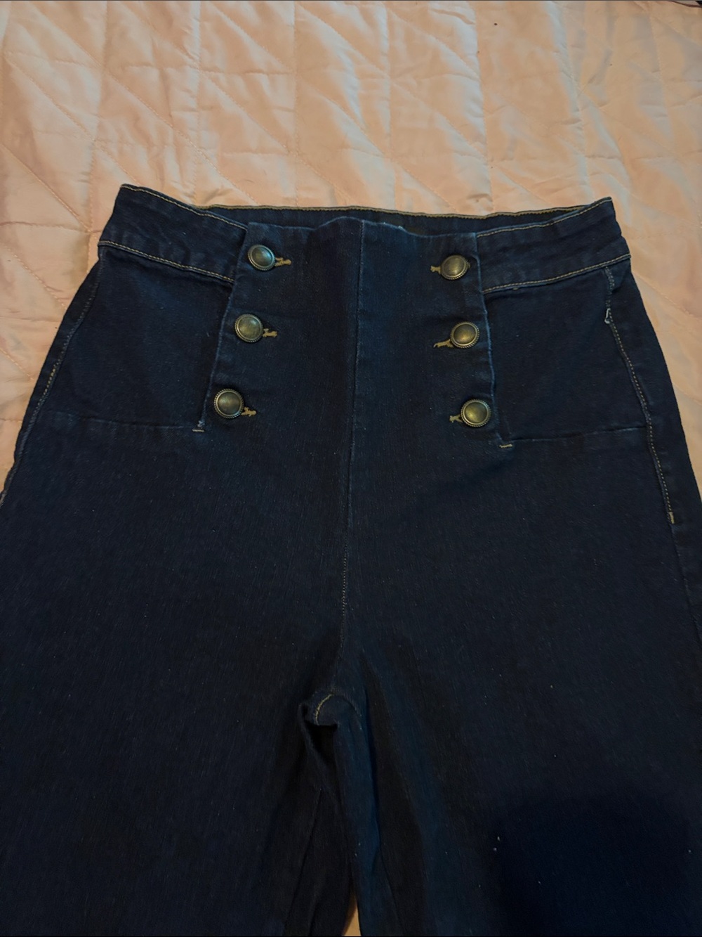 High-Waist Dark Blue Sailor Button Women’s Jeans